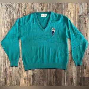 Vtg Winona Knits Embossed Golf Sweater M Teal V-Neck Pullover Embroidered Preppy
